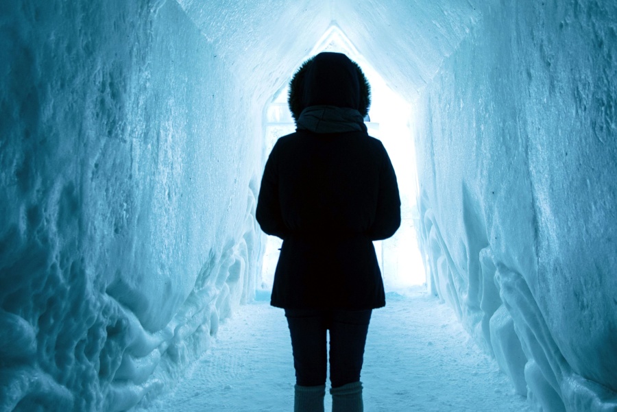 tunnelen, vinter, kvinne, hule, kalde, frosset, is