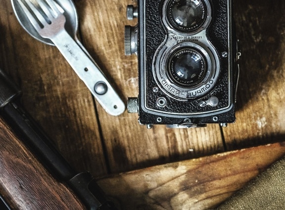analog, antique, photo camera, desk, lens, object, photography, spoon, wood