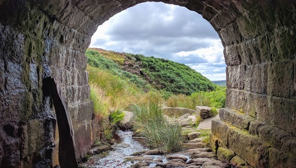 river, rocks, stone, tunnel, water, arch, grass, landscape