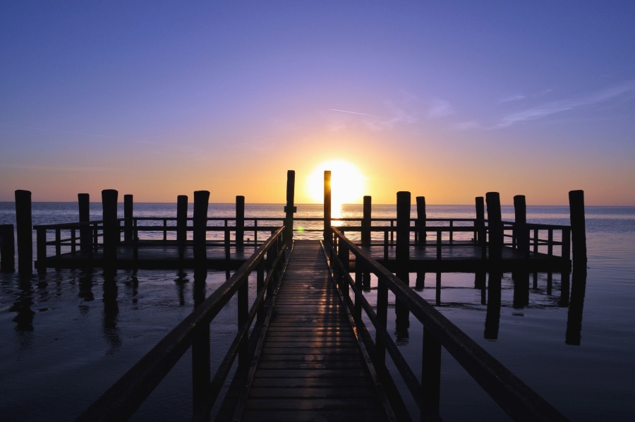 beach, coast, wooden flooring, dock, dusk, ocean, pier, sunset