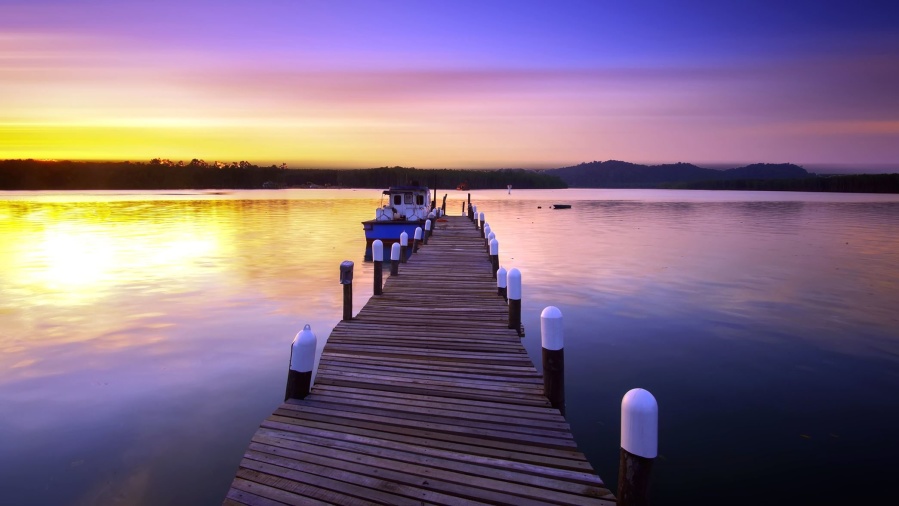 Sun, water, beautiful, boat, dock, reflection, river, sky