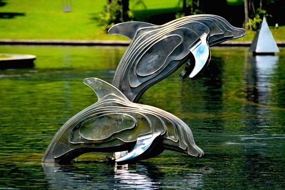 animals, sculpture, aquatic, architecture, dolphins, fish, garden