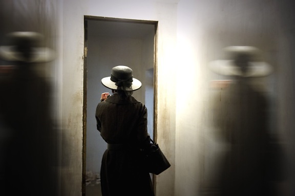modelo da foto, quarto, sombra, mulher, bolsa, porta, moda, chapéu