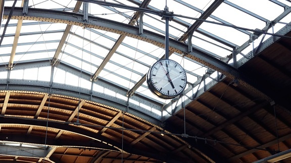 roof, clock, steel, time, urban, architecture, ceiling, glass