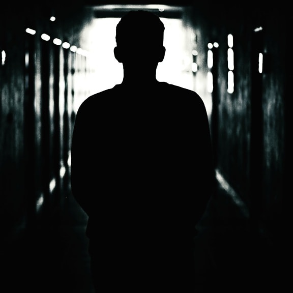 man, silhouette, backlit, dark, indoors, light