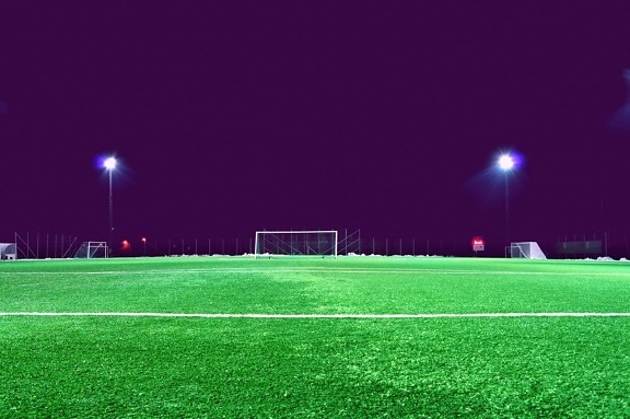 soccer, field, spotlight, stadium, lawn, lights, night, football, goal, grass
