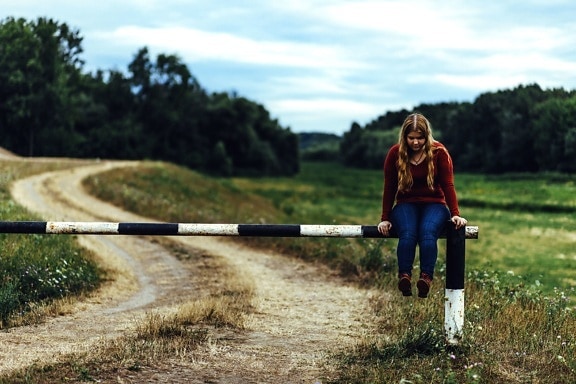 trees, woman, young girl, fashion, field, girl, grass, road