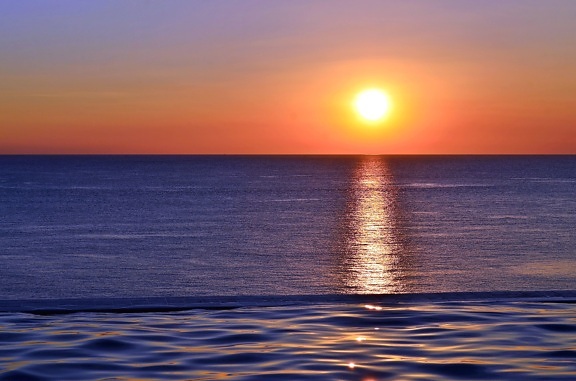 海、夕暮れ、地平線、水、ビーチ、反射、海、空、太陽