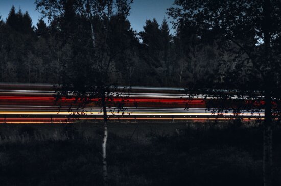 Paysage, lumière, nuit, arbres, transport, forêt, autoroute
