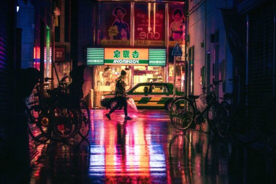 Fahrrad, gebäude, auto, stadt, abend, licht, neon, nacht, regenschirm, städtisch