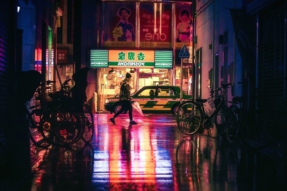 Sepeda, bangunan, Mobil, kota, malam, cahaya, neon, malam, payung, perkotaan