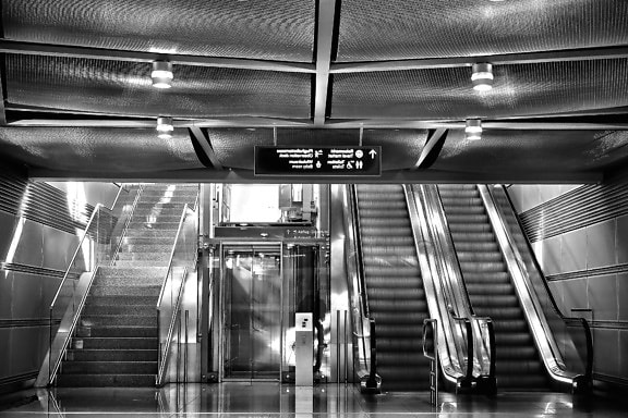 Techo, ascensor, escalera mecánica, reflexión, escalera, metro