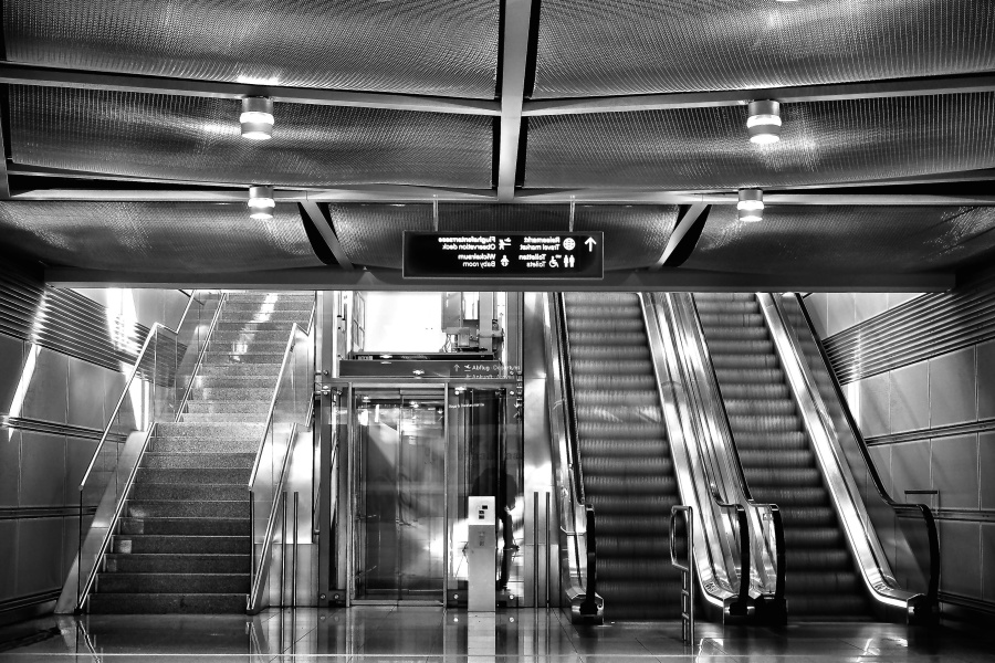strop, Výťah, eskalátor, reflexie, schodisko, Metro