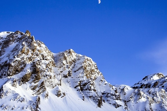 blue sky, snow, winter, moon, mountain