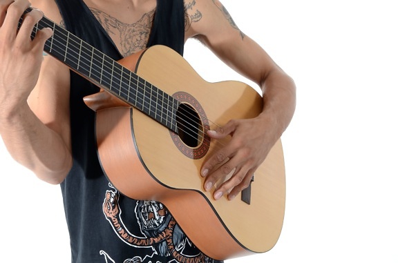 tatovering, mote, gitar, hender, instrument, mann, musiker, person