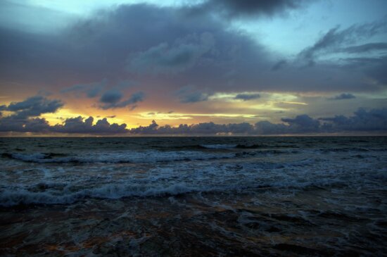 günbatımı, su, dalgalar, deniz, gökyüzü, bulut