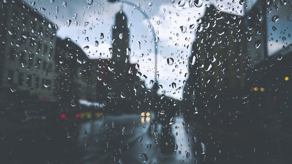 дождь, капли воды, стекло, фонарный столб, окно