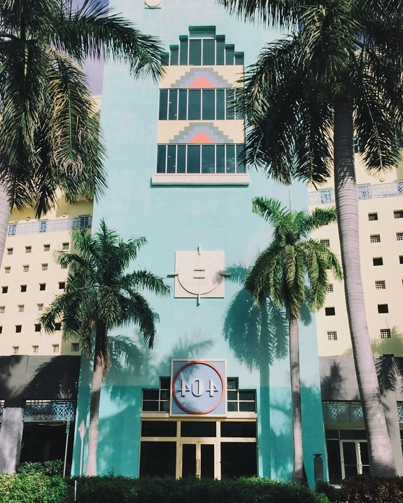 edifício, fachada, palmeiras