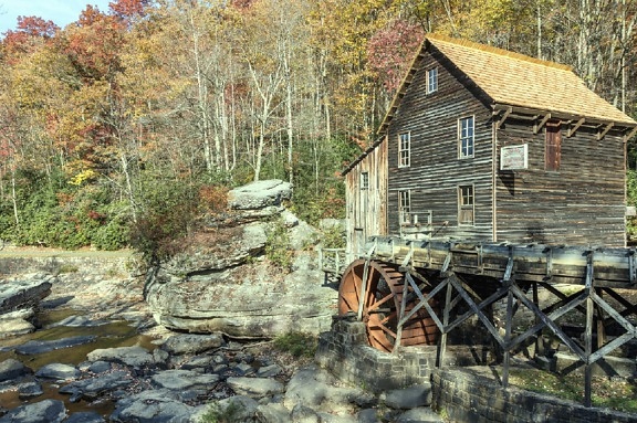 watermill, river, rocks, forest, trees, water, wooden, woods