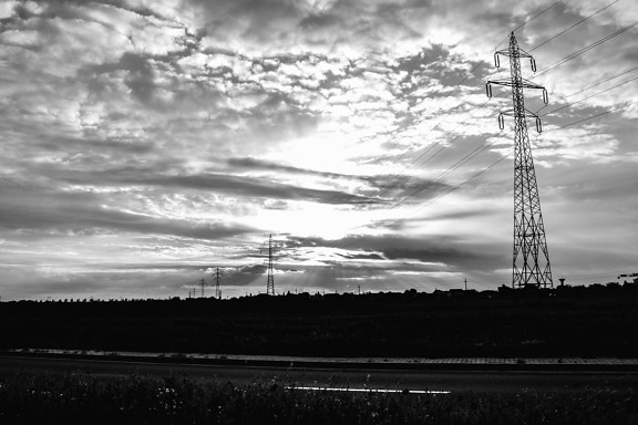 sky, steel, tower, wire, clouds, dark, electricity, energy