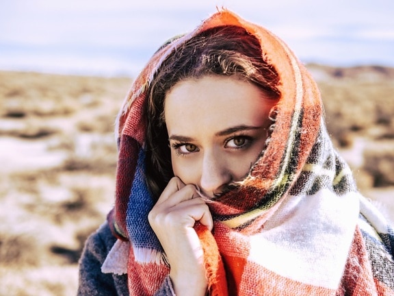 portrait, scarf, woman, face, eyes, face, hand