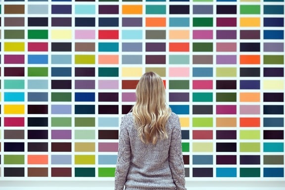 person, woman, art, blonde, colorful, wall