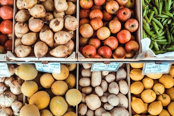 ingredienser, markedet, bokser, farger, mat, frukt, grønnsaker, dagligvare