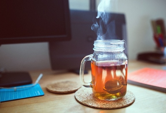 glass, tea, liquid, jar, notebook, smoke, table