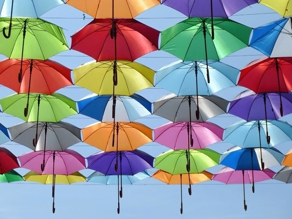 하늘, 거리, 우산, 색깔, 빨강, 녹색, 노랑, 파랑