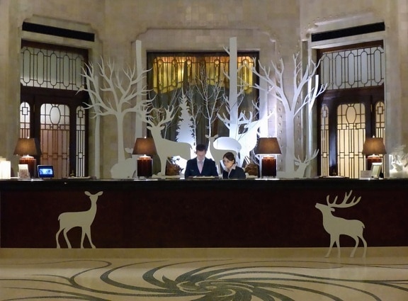 front desk, decoration, winter, lamp, hotel, deer, christmas