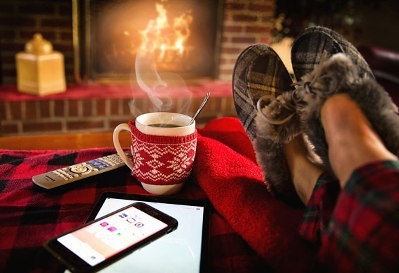 smartphone, house, fireplace, flame, food, beverage, celebration, coffee cup