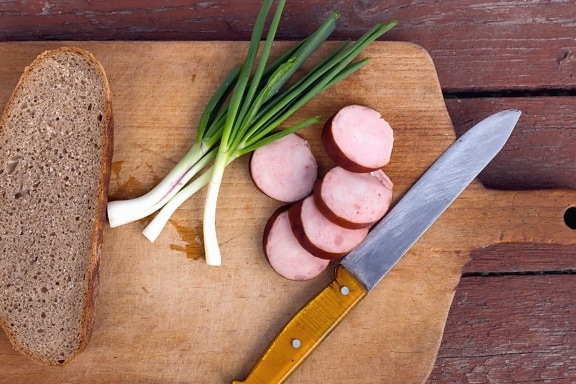 ingredients, knife, sausage, table, wooden, bread, wooden board, food