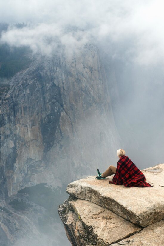 nature, person, rocks, solitude, cliff, clouds, fog, man
