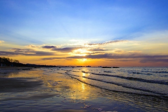 Nuvola, tramonto, mare, onde, costa, sabbia, paesaggio