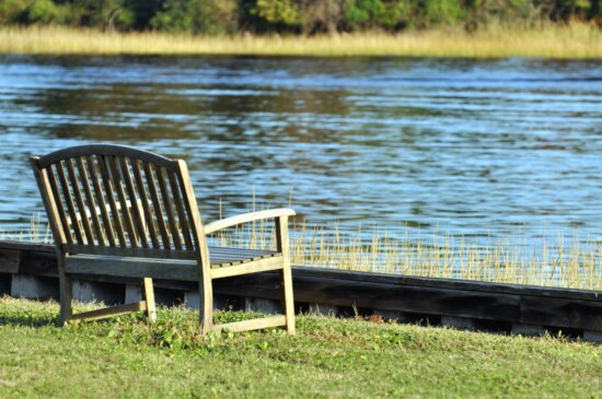 bench, grass, river, nature, wooden, coast