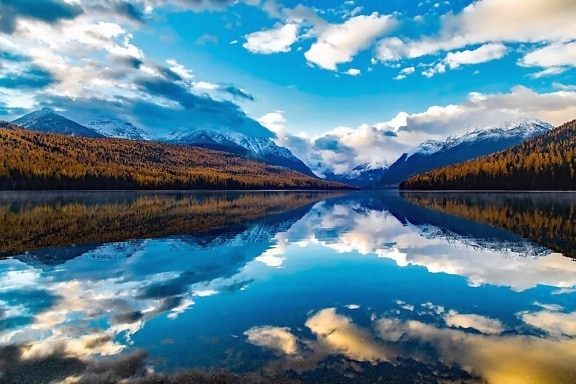 отражение, река, облака, озеро, деревья, вода, дикой природы