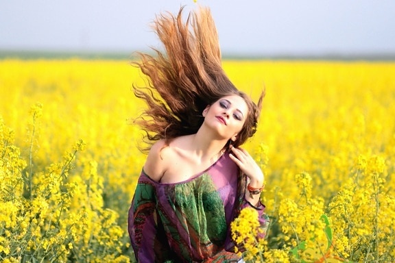 woman, beauty, girl, grass, hairstyle, posing, field, flower