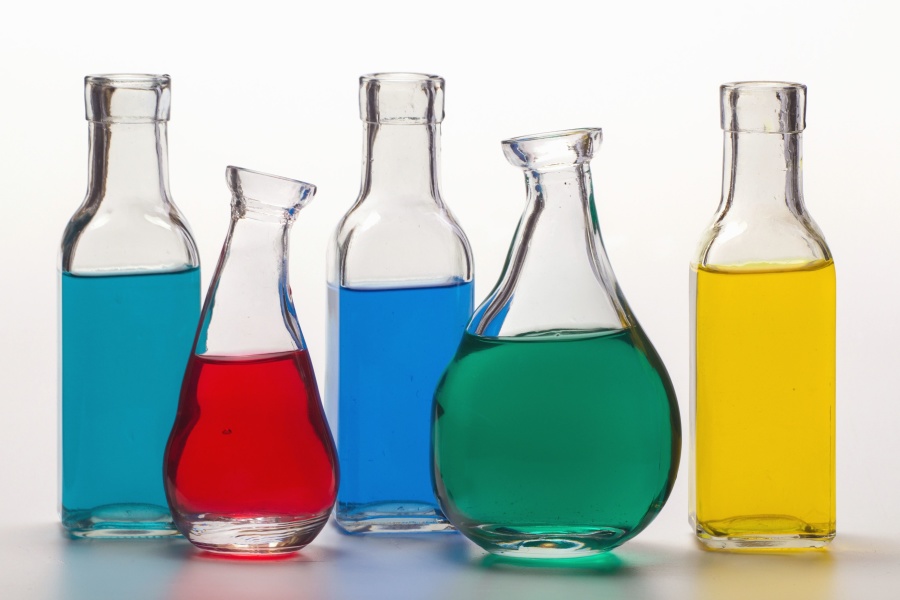 laboratorní, láhve, věda, chemie, chemikálie