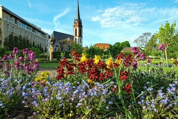 flowers, church, garden, grass, landscape, buildings