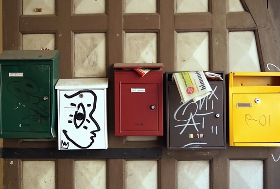 Art, boîte aux lettres, boîte, couleur, mur, dépliants