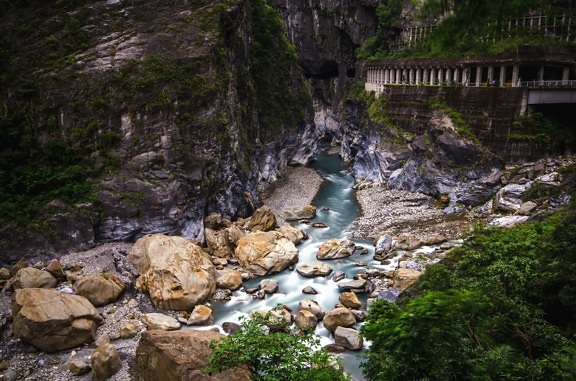 stone, wall, cliff, river, nature, mountains