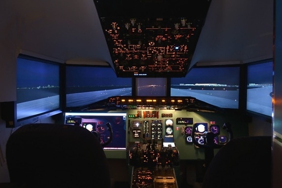 електроника, авиация, писта, нощ, симулатор, плаващи, пилотската кабина, самолети, обучение