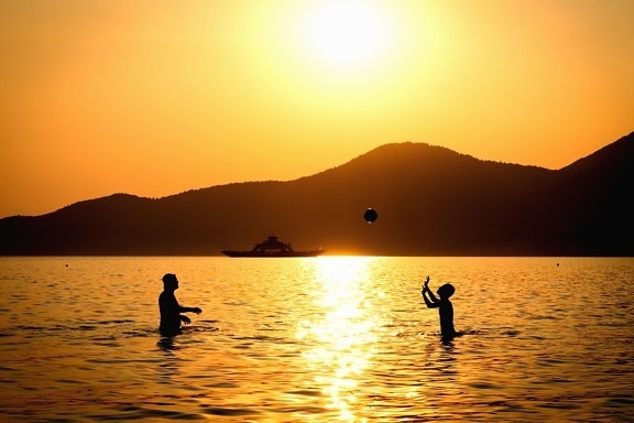 silhouette, people, sea, sunset, water, game, ball, mountain