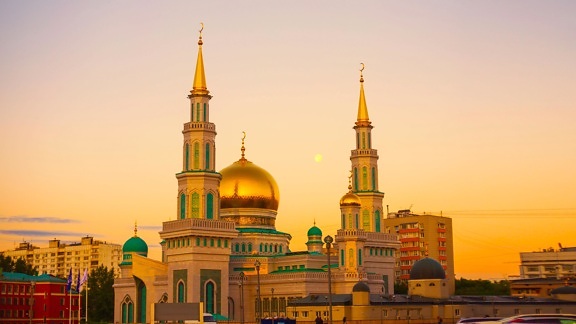 Meczet, luksusowe, złoto, wieża, zewnętrzny, architektura