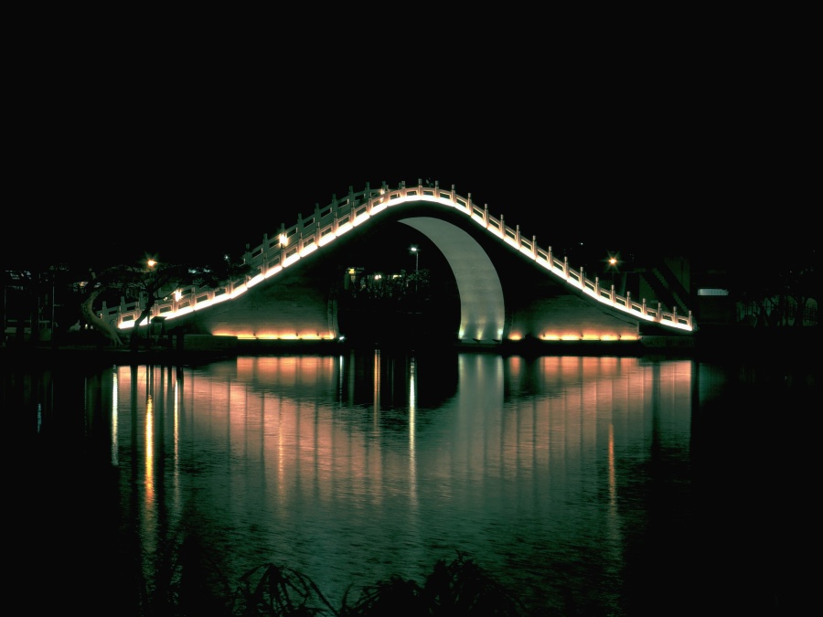 arsitektur, konstruksi, jembatan, sungai, air, diterangi, city, malam