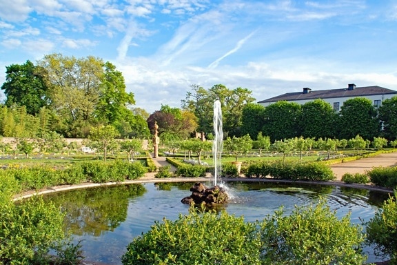 fountain, lake, garden, nature, plants, sky, architecture