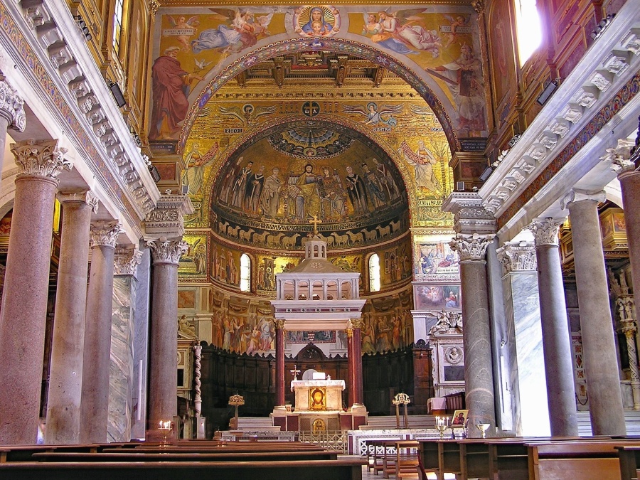 Plafond, arches, église, intérieur, autel