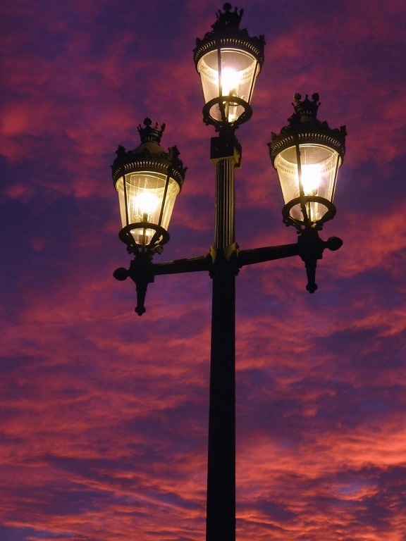 Ampoule, lampe, lumière, rue, nuit, ciel, métal