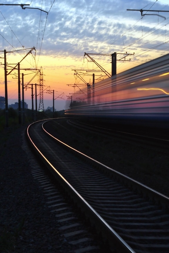 sunset, sky, stripe, speed, train, light, line