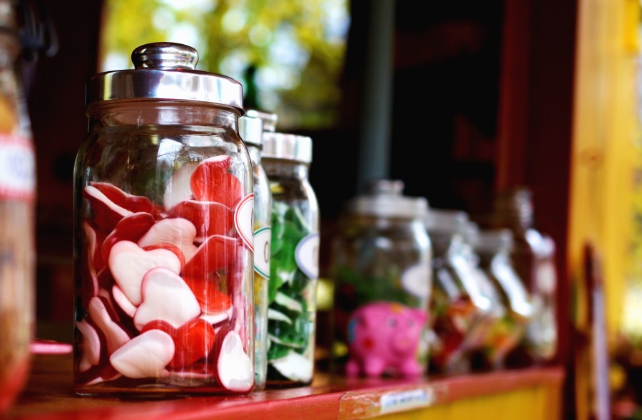 Jar, caramelo, vidrio, estante, corazón